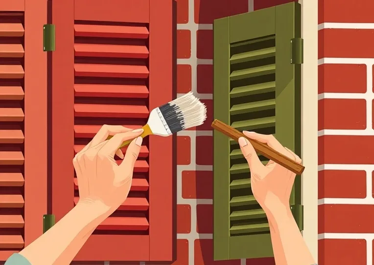 Mise en peinture au pinceau de volets et d'encadrements en bois