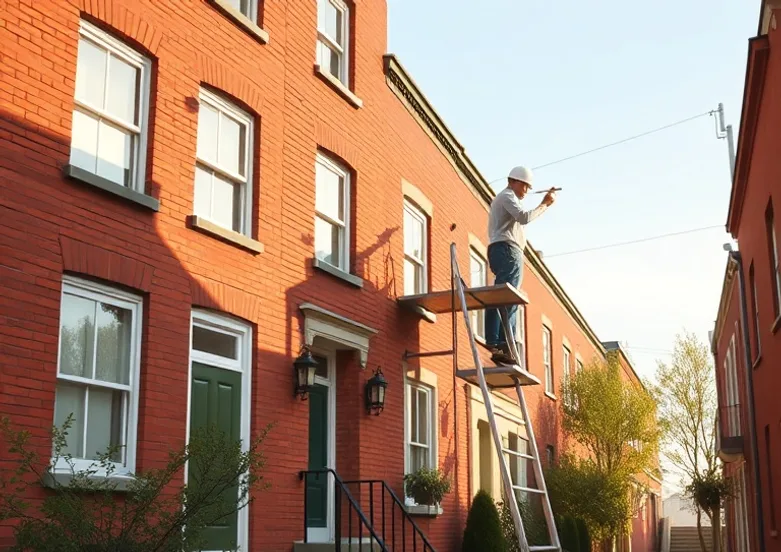 Peintre sur échafaudage traitant la façade d'une maison